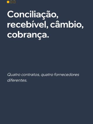 Conciliação, antecipação de recebível, câmbio e cobrança automática. Cada um resolvido por